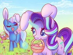 Size: 1280x960 | Tagged: safe, artist:wavecipher, character:starlight glimmer, character:trixie, species:pony, species:unicorn, basket, bunny ears, duo, easter, easter basket, easter egg, egg, female, holiday, mare, mouth hold