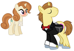 Size: 1860x1291 | Tagged: safe, artist:cooltomorrowkid, artist:s1nb0y, edit, character:cinnamon chai, character:donut joe, species:pony, species:unicorn, apron, blushing, cinnamon donut, clothing, con mane, female, male, shipping, simple background, straight, transparent background, tuxedo, vector, vector edit