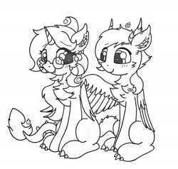 Size: 2330x2216 | Tagged: safe, artist:fireworks sea, oc, oc:flame hearts, oc:wintry hearts, species:dracony, species:dragon, species:pony, female, hybrid, looking at each other, male, monochrome, traditional art, winterflame
