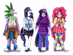 Size: 2160x1620 | Tagged: safe, artist:traupa, character:pinkie pie, character:rarity, character:spike, character:twilight sparkle, character:twilight sparkle (alicorn), species:alicorn, species:anthro, species:dragon, species:earth pony, species:pony, species:unguligrade anthro, species:unicorn, big breasts, breasts, busty pinkie pie, busty rarity, busty twilight sparkle, clothing, converse, dress, eyeshadow, female, glasses, grin, hair over one eye, jeans, makeup, male, mare, pants, quartet, shirt, shoes, shorts, signature, simple background, smiling, socks, striped socks, thigh highs, white background