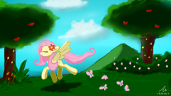Size: 1920x1080 | Tagged: safe, artist:truffle shine, character:fluttershy, species:pegasus, species:pony, apple, apple tree, butterfly, cute, eyes closed, female, flower, flower in hair, mare, profile, shyabetes, solo, spread wings, tree, wings