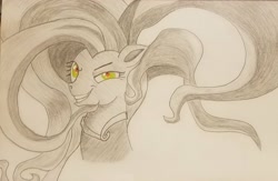 Size: 2048x1332 | Tagged: safe, artist:polar_storm, character:mane-iac, species:earth pony, species:pony, crazy eyes, female, green eyes, mare, monochrome, neo noir, partial color, red eyes, simple background, sketch, solo, traditional art, white background