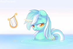 Size: 1280x854 | Tagged: safe, artist:wavecipher, character:lyra heartstrings, species:pony, species:unicorn, bath, beautiful, bedroom eyes, cute, female, in water, looking at you, lyrabetes, lyre, magic, musical instrument, solo, water