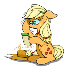 Size: 1080x1080 | Tagged: safe, artist:truffle shine, character:applejack, species:earth pony, species:pony, accounting, applejack's hat, clothing, cowboy hat, female, floppy ears, hat, hoof hold, mare, notepad, pencil, simple background, sitting, solo, sweat, transparent background
