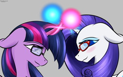 Size: 2188x1370 | Tagged: safe, artist:renarde-louve, character:rarity, character:twilight sparkle, species:pony, species:unicorn, ship:rarilight, blushing, female, glasses, glowing horn, grin, horn, lesbian, mare, rarity's glasses, shipping, smiling