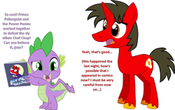 Size: 1872x1174 | Tagged: safe, artist:shadymeadow, character:spike, oc, oc:fried egg, species:dragon, species:pony, species:unicorn, book, comic, male, simple background, stallion, transparent background, winged spike