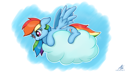 Size: 1920x1080 | Tagged: safe, artist:truffle shine, character:rainbow dash, species:pegasus, species:pony, cloud, cute, dashabetes, female, looking down, mare, on a cloud, prone, sky, smiling, solo, spread wings, wings