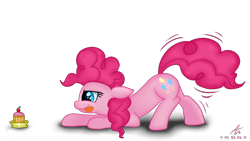 Size: 1920x1080 | Tagged: safe, artist:truffle shine, character:pinkie pie, species:earth pony, species:pony, cupcake, cute, diapinkes, eyes on the prize, female, food, mare, profile, simple background, solo, tail wiggle, tongue out, transparent background
