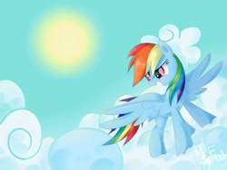 Size: 1024x769 | Tagged: safe, artist:wavecipher, character:rainbow dash, species:pegasus, species:pony, cloud, female, mare, on a cloud, sky, smiling, solo, spread wings, sun, wings