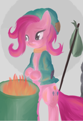 Size: 700x1024 | Tagged: safe, artist:snus-kun, character:pinkie pie, friendship is witchcraft, bindle, bipedal, clothing, feels, fire, hobo, homeless, orphan, sad, trash can