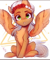Size: 1080x1296 | Tagged: safe, artist:falafeljake, oc, oc only, oc:rosalie, species:pegasus, species:pony, chest fluff, cute, female, flower, flower in hair, looking at you, mare, pegasus oc, sitting, wings