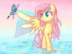 Size: 1700x1275 | Tagged: safe, artist:wavecipher, character:fluttershy, species:pegasus, species:pony, alternate hairstyle, butterfly, cute, female, flower, flower in hair, looking at something, mare, one wing out, shyabetes, sitting on wing, smiling, solo, standing, water, wings
