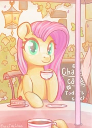 Size: 1369x1898 | Tagged: safe, artist:wavecipher, character:fluttershy, cafe, cake, coffee, coffee cup, cup, female, food, implied discord, looking at you, solo, solo focus