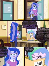 Size: 2048x2732 | Tagged: safe, artist:justsomepainter11, character:princess celestia, character:princess luna, character:principal celestia, character:vice principal luna, comic:in the school, my little pony:equestria girls, celestia's office, comic, knocking, reading, sitting, vice principal luna