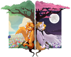 Size: 2614x2106 | Tagged: safe, artist:monogy, oc, oc only, oc:serenity, oc:white feather, species:pony, female, flower, male, mare, night, serenither, simple background, stallion, transparent background, tree