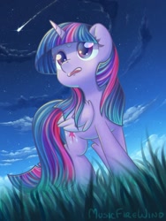 Size: 1200x1600 | Tagged: safe, artist:wavecipher, character:twilight sparkle, character:twilight sparkle (alicorn), species:alicorn, species:pony, epic, female, grass, mare, night, shooting star, solo, stars