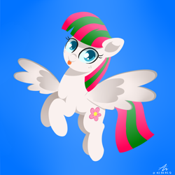 Size: 1200x1200 | Tagged: safe, artist:truffle shine, character:blossomforth, species:pegasus, species:pony, adoraforth, blep, blue background, cute, female, flying, freckles, looking at you, mare, simple background, solo, spread wings, tongue out, wings