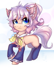 Size: 1393x1852 | Tagged: safe, artist:falafeljake, oc, oc only, oc:howan, species:earth pony, species:pony, bow tie, chest fluff, clothing, crossover, ear fluff, female, lifted leg, looking at you, mare, ponified, show by rock!!, simple background, smiling, socks, solo, standing