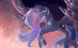 Size: 2560x1600 | Tagged: safe, artist:equum_amici, artist:gianghanz, character:princess luna, species:alicorn, species:pony, animated, cinemagraph, female, flying, gif, jewelry, no sound, runes, scenery, smiling, solo, too big for derpibooru, webm, wing jewelry