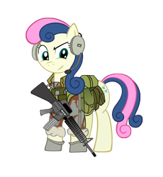 Size: 6000x6527 | Tagged: dead source, safe, artist:buckweiser, artist:thatsgrotesque, character:bon bon, character:sweetie drops, species:earth pony, species:pony, absurd resolution, assault rifle, clothing, cutie mark, female, gun, headphones, hooves, m16, m16a2, mare, military, rifle, simple background, solo, transparent background, uniform, weapon