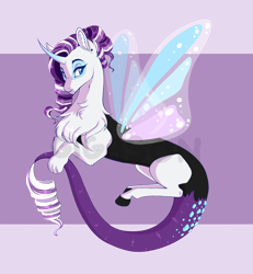 Size: 2500x2700 | Tagged: safe, artist:gigason, oc, oc only, parent:discord, parent:rarity, parents:raricord, species:draconequus, curved horn, draconequus oc, female, glimmer wings, horn, hybrid, interspecies offspring, neck fluff, offspring, purple background, simple background, solo, wings