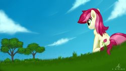 Size: 1920x1080 | Tagged: safe, artist:truffle shine, character:roseluck, species:earth pony, species:pony, chest fluff, cloud, cute, cuteluck, female, mare, rosabetes, sitting, sky, solo, tree