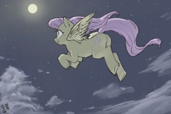 Size: 1800x1200 | Tagged: safe, artist:yanamosuda, character:fluttershy, species:pegasus, species:pony, blushing, female, flying, full moon, looking away, mare, moon, night, sky, smiling, solo, spread wings, stars, three quarter view, underhoof, wings