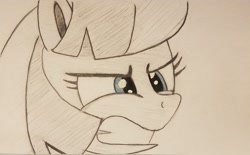 Size: 2048x1271 | Tagged: safe, artist:polar_storm, character:coco pommel, species:earth pony, species:pony, angry, blue eyes, female, furious, mare, monochrome, neo noir, partial color, simple background, solo, traditional art, white background