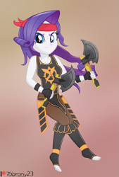 Size: 2213x3277 | Tagged: safe, artist:tabrony23, character:rarity, my little pony:equestria girls, axe, bandana, commission, feet, female, patreon, patreon logo, solo, weapon