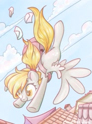 Size: 1369x1839 | Tagged: safe, artist:wavecipher, character:derpy hooves, species:pegasus, species:pony, alternate hairstyle, bag, cloud, cute, derp, derpabetes, female, flying, house, letter, mail, mailbag, mailmare, mare, ponytail, satchel, sky, smiling, solo, spread wings, wings