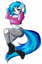 Size: 1348x2048 | Tagged: safe, artist:yutakira92, character:dj pon-3, character:vinyl scratch, species:anthro, species:plantigrade anthro, adorasexy, breasts, busty vinyl scratch, clothing, cute, female, headphones, heeled boots, jeans, looking at you, midriff, off shoulder, pants, platform heels, ripped jeans, sexy, short shirt, simple background, smiling, solo, stupid sexy vinyl, tank top, vinylbetes, white background