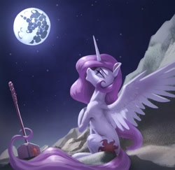 Size: 1600x1552 | Tagged: safe, artist:nadnerbd, character:princess celestia, species:alicorn, species:pony, digital art, fanfic art, female, full moon, hammer, mare, mare in the moon, moon, night, pink-mane celestia, sitting, solo, war hammer, weapon