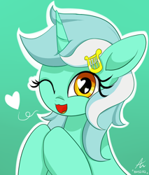 Size: 920x1080 | Tagged: safe, artist:truffle shine, character:lyra heartstrings, species:pony, species:unicorn, bust, cute, cutie mark accessory, female, floating heart, green background, heart, heart eyes, hooves together, looking at you, lyrabetes, mare, one eye closed, open mouth, portrait, simple background, solo, wingding eyes, wink
