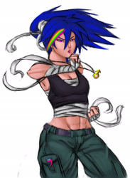 Size: 1529x2090 | Tagged: safe, artist:dclzexon, character:rainbow dash, species:human, armpits, bandage, belly button, belt, cargo pants, clothing, friendship is fighting, handwraps, headband, humanized, jewelry, midriff, necklace, pants, sports bra