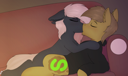 Size: 11811x7086 | Tagged: safe, artist:almond evergrow, oc, oc:almond evergrow, oc:siren shadowstone, species:earth pony, species:pony, couch, couple, intimate, kissing, lighting, making out, sirond