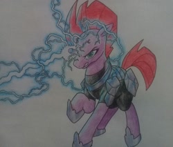 Size: 2876x2448 | Tagged: safe, artist:public mistake, character:tempest shadow, species:pony, species:unicorn, my little pony: the movie (2017), armor, broken horn, clothing, horn, lightning, magic, simple background, traditional art