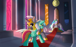 Size: 1920x1200 | Tagged: safe, artist:lunar froxy, character:princess celestia, oc, oc:typhoon, species:alicorn, species:pegasus, species:pony, species:unicorn, angry, armor, banner, castle, eyes closed, gritted teeth, royal guard, throne