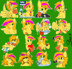 Size: 2470x2344 | Tagged: safe, artist:starrypallet, oc, oc only, oc:obsolete tech, species:pegasus, species:pony, alcohol, bird bath, bust, clothing, drinking, expressions, grin, one eye closed, smiling, sticker set, telegram sticker, text, tongue out, vodka, wing hands, wings, wink