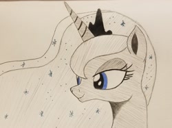 Size: 2224x1666 | Tagged: safe, artist:polar_storm, character:princess luna, species:alicorn, species:pony, blue eyes, bust, crown, female, jewelry, mare, monochrome, neo noir, partial color, regalia, simple background, smiling, solo, traditional art, white background