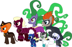Size: 3295x2150 | Tagged: safe, artist:shadymeadow, character:mane-iac, oc, oc:kid psychobra, oc:stinger fierce, species:earth pony, species:pegasus, species:pony, species:unicorn, antagonist, clothing, colt, crossover, female, filly, lab coat, luna girl, male, mare, night ninja, pj masks, ponified, romeo, simple background, species swap, stallion, syndrome, the incredibles, transparent background