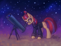 Size: 900x679 | Tagged: safe, artist:asimos, character:moondancer, species:pony, species:unicorn, g4, clothing, colored eyebrows, eyebrows, female, glasses, mare, missing horn, night, one eye closed, solo, stargazing, stars, sweater, telescope