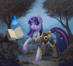 Size: 1322x1200 | Tagged: safe, artist:asimos, character:twilight sparkle, character:twilight sparkle (unicorn), species:pony, species:unicorn, g4, book, boots, bush, clothing, colored pupils, ear piercing, female, jewelry, magic, mare, piercing, raised hoof, ring, scenery, shoes, solo, tail, tail ring, tail wrap, tree