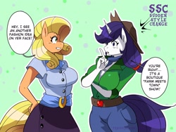 Size: 2409x1814 | Tagged: safe, artist:traupa, character:applejack, character:rarity, species:anthro, ship:rarijack, alternate hairstyle, big breasts, breasts, busty applejack, busty rarity, clothes swap, clothing, cowboy hat, female, grin, hat, lesbian, mane swap, rarity hair, shipping, smiling, style swap, sudden style change