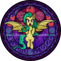 Size: 894x894 | Tagged: safe, artist:akili-amethyst, edit, character:applejack, character:flutterbat, character:fluttershy, character:twilight sparkle, character:twilight sparkle (alicorn), oc, oc:emileeshy, species:alicorn, species:bat pony, species:earth pony, species:pegasus, species:pony, episode:bats!, g4, my little pony: friendship is magic, angry, bat ponified, bat pony oc, bat wings, dive to the heart, kingdom hearts, race swap, rage, recolor, red eyes, stained glass, wings