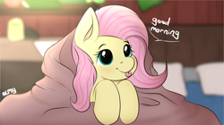 Size: 10326x5775 | Tagged: safe, artist:almond evergrow, character:fluttershy, species:pegasus, species:pony, absurd resolution, blanket, blankie, blep, blepping, blushing, bust, cute, dialogue, female, good morning, indoors, mlem, room, shyabetes, silly, smiling, solo, tongue out, weapons-grade cute
