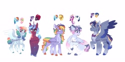 Size: 5081x2512 | Tagged: safe, artist:scarletskitty12, character:applejack, character:fizzlepop berrytwist, character:flash sentry, character:fluttershy, character:princess cadance, character:rainbow dash, character:shining armor, character:tempest shadow, character:twilight sparkle, oc, oc:comet spark, oc:fletcher, oc:spectrum soar, oc:tranquility, oc:zap apple, parent:applejack, parent:flash sentry, parent:fluttershy, parent:princess cadance, parent:rainbow dash, parent:shining armor, parent:tempest shadow, parent:twilight sparkle, parents:appledash, parents:flashlight, parents:flutterdash, parents:shiningcadance, parents:tempestlight, species:alicorn, species:earth pony, species:pegasus, species:pony, species:unicorn, ship:appledash, ship:flashlight, ship:flutterdash, ship:shiningcadance, ship:tempestlight, bandaid, biting, blank flank, blind eye, bow tie, chest fluff, clothing, cloven hooves, colored wings, ear bite, female, fluffy, freckles, glasses, hat, horn, lesbian, magical lesbian spawn, male, mare, multicolored wings, offspring, pegasus oc, rainbow wings, shipping, simple background, stallion, star (coat marking), straight, unicorn oc, unshorn fetlocks, watermark, white background, wings