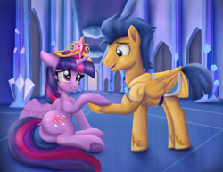 Size: 4950x3829 | Tagged: safe, artist:greenbrothersart, character:flash sentry, character:twilight sparkle, character:twilight sparkle (alicorn), species:alicorn, species:pegasus, species:pony, ship:flashlight, equestria girls:equestria girls, g4, my little pony: equestria girls, my little pony:equestria girls, armor, big crown thingy, blushing, butt, crystal palace, dock, element of magic, female, holding hooves, jewelry, male, mare, plot, regalia, royal guard, scene interpretation, shipping, stallion, straight, twibutt
