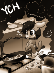 Size: 800x1082 | Tagged: safe, artist:28gooddays, species:pony, bread, breakfast in bed, coffee, commission, cooking, food, monochrome, solo, toast, your character here