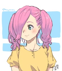 Size: 1051x1200 | Tagged: safe, artist:yanamosuda, character:fluttershy, species:human, abstract background, bust, clothing, cute, dress, female, hair over one eye, humanized, shyabetes, smiling, solo