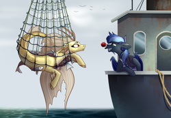 Size: 1730x1200 | Tagged: safe, artist:28gooddays, character:adagio dazzle, oc, oc:sonic lullaby, species:bat pony, species:bird, species:pony, species:seagull, species:siren, bat pony oc, bat wings, boat, canon x oc, clothing, cloud, commission, female, fish, fishing, fishing boat, fishing net, flower, flower in mouth, hat, lesbian, looking at each other, mare, mouth hold, net, ocean, odd couple, rope, rose, rose in mouth, sailor, sky, sonicdazzle, surprised, tank top, water, wet, wings, ych result